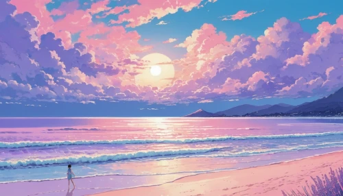 ocean,dream beach,sea,beach landscape,芦ﾉ湖,pink beach,beach scenery,vapor,ocean background,purple landscape,beautiful beach,sea ocean,aesthetic,ocean paradise,coast sunset,beach background,mountain beach,seaside,horizon,sky,Illustration,Japanese style,Japanese Style 04