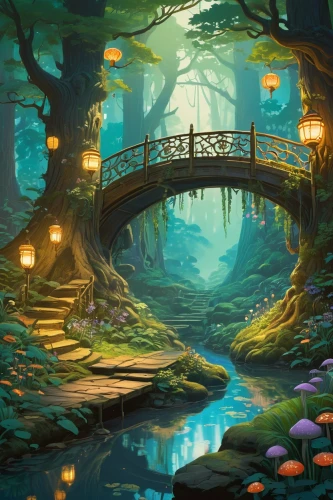 fantasy landscape,fairy forest,fairy village,fantasy picture,elven forest,enchanted forest,adventure bridge,fairytale forest,arbor,mushroom landscape,fairy world,forest landscape,wooden bridge,forest glade,forest path,world digital painting,dragon bridge,uzak,forest of dreams,the forest,Illustration,Vector,Vector 03