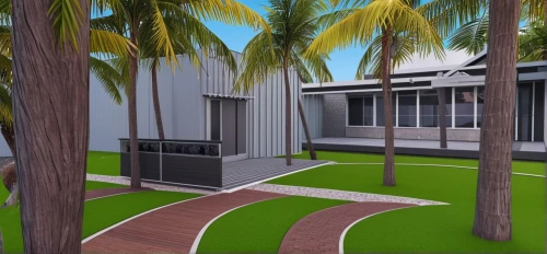 3d rendering,modern house,palm branches,school design,palm forest,modern building,palm pasture,3d rendered,palmtrees,modern architecture,palm field,rendering,render,palm garden,mid century house,palm tree,palm trees,tropical house,coconut palm tree,artificial grass,Photography,General,Realistic
