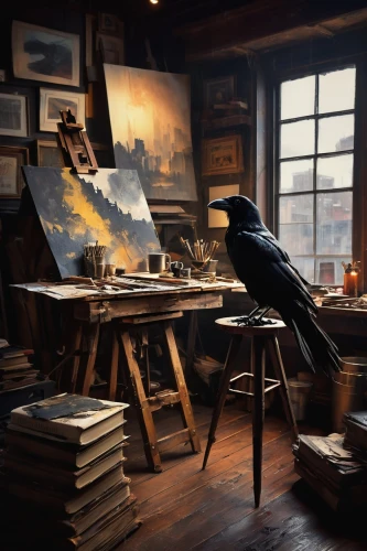 photorealist,atelier,art tools,writing desk,workspace,easel,painter,3d art,meticulous painting,italian painter,lithographer,watercolorist,hyperrealism,watercolor shops,art painting,work space,study room,study,fineart,printshop,Illustration,Black and White,Black and White 08