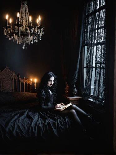 dark gothic mood,gothic woman,woman on bed,a dark room,gothic portrait,depressed woman,conceptual photography,witch house,gothic style,girl in bed,vampire woman,goth woman,dark cabinetry,gothic fashion,vampira,the living room of a photographer,the room,dark art,black candle,gothic,Conceptual Art,Daily,Daily 05