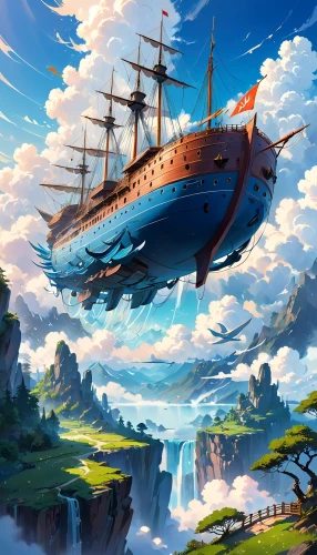 skyship,airships,airship,sea fantasy,air ship,sea sailing ship,caravel,sailing ship,fantasy landscape,fantasy picture,voyage,galleon,pirate ship,sail ship,boat landscape,gangplank,voyages,neverland,maplestory,floating island,Anime,Anime,Realistic