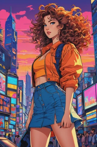 80's design,retro girl,colorful city,tirona,retro woman,gioeli,mihoshi,colorful background,tokyo city,retro background,mahvash,brigette,futurepop,real roxanne,discotek,eighties,melodrama,city trans,dusk background,akira,Illustration,Realistic Fantasy,Realistic Fantasy 42