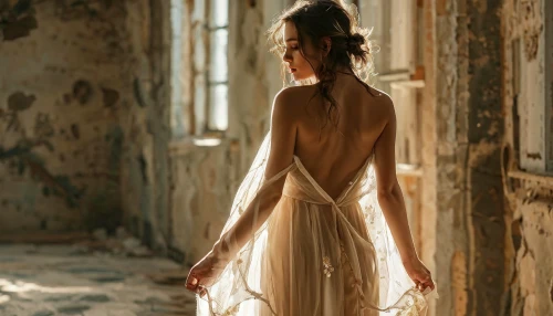 torn dress,girl in a long dress from the back,girl in a long dress,nightgown,nightdress,evening dress,pointes,danseuse,transparence,vintage dress,backless,wedding gown,ballerina girl,a girl in a dress,bridal gown,a floor-length dress,enchantment,wedding dress,evgenia,eveningwear