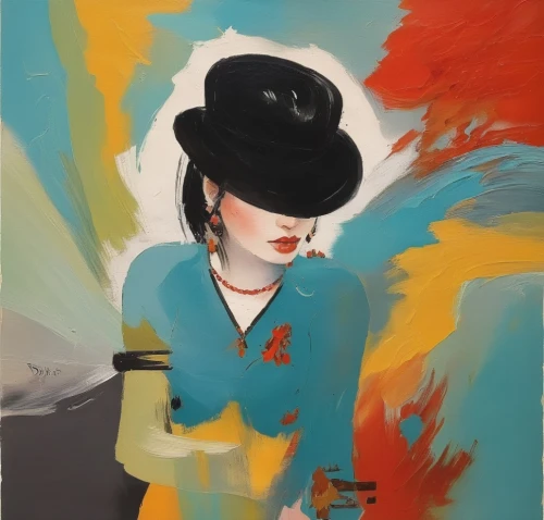 woman's hat,girl wearing hat,panama hat,geisha girl,the hat-female,geisha,the hat of the woman,japanese woman,black hat,cigarette girl,yellow sun hat,stewardess,sun hat,italian painter,vietnamese woman,red hat,trilby,painting technique,woman with ice-cream,painting,Illustration,Paper based,Paper Based 07