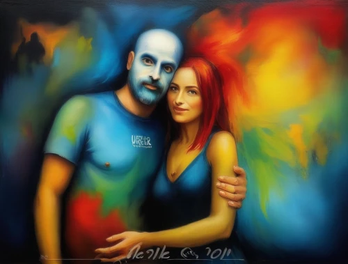 oil painting on canvas,oil painting,art painting,oil on canvas,man and wife,bodypainting,social,two people,blue painting,street artists,scull,romantic portrait,man and woman,adam and eve,body painting,custom portrait,oil paint,beautiful couple,glass painting,street artist,Illustration,Abstract Fantasy,Abstract Fantasy 01
