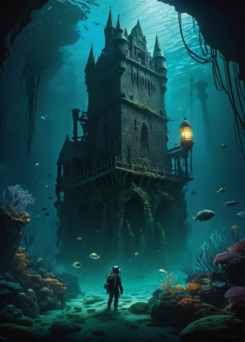 sunken church,underwater playground,water castle,underwater landscape,underwater background,house of the sea,ghost castle,undersea,the bottom of the sea,under the sea,haunted castle,ocean underwater,under sea,underwater world,fantasy picture,underwater oasis,bottom of the sea,aquarium,deep sea,under the water,Illustration,Japanese style,Japanese Style 09