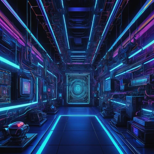 spaceship interior,cyberscene,ufo interior,cyberia,tron,cyberspace,mainframes,cybercity,scifi,computer room,cyber,spaceship space,cyberview,silico,cyberworld,3d background,spaceland,cyberscope,cybertown,80's design,Illustration,American Style,American Style 07