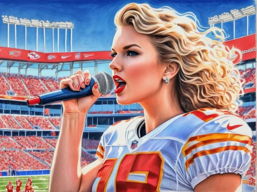 trisha yearwood,modern pop art,girl-in-pop-art,nfl,oil painting on canvas,oil on canvas,mic,cool pop art,fedex field,singing,playback,oil painting,quarterback,oklahoma,microphone,national football league,super bowl,candlestick,singer,art painting,Conceptual Art,Daily,Daily 17