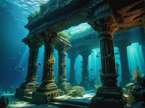 sunken church,underwater oasis,underwater landscape,underwater playground,pillars,ocean underwater,roman columns,atlantis,underwater world,ocean floor,artemis temple,underwater background,egyptian temple,undersea,ancient city,columns,red sea,aquarium,the ancient world,house of the sea,Conceptual Art,Fantasy,Fantasy 20