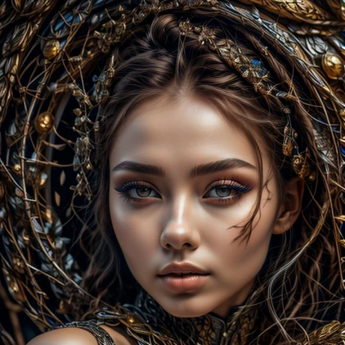 girl in a wreath,golden wreath,mystical portrait of a girl,jingna,fantasy portrait,behenna,filigree,evgenia,fantasy art,dreamcatcher,faery,gold filigree,mirror of souls,deviantart,wreath,boho art,enchantress,yevgenia,the enchantress,adornment