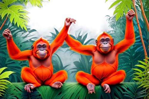 primates,great apes,orang utan,monkeys band,tropical animals,monkeys,monkey family,orange robes,primate,orangutan,orange,forest animals,palm oil,monkey gang,superfruit,three monkeys,patrol,adam and eve,forest workers,uakari,Illustration,Abstract Fantasy,Abstract Fantasy 21