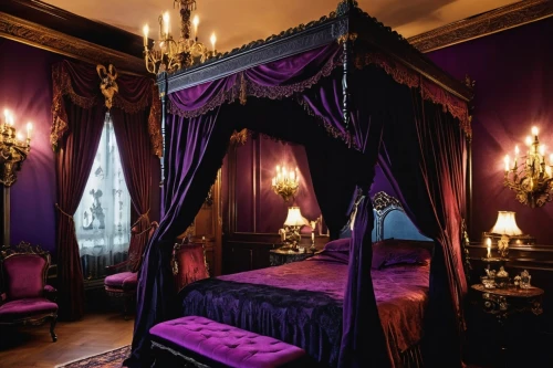 ornate room,four poster,canopy bed,bedroom,four-poster,great room,sleeping room,wade rooms,la violetta,napoleon iii style,rococo,royal interior,victorian,purple,victorian style,the little girl's room,rich purple,parlour,blue room,children's bedroom,Illustration,Retro,Retro 18