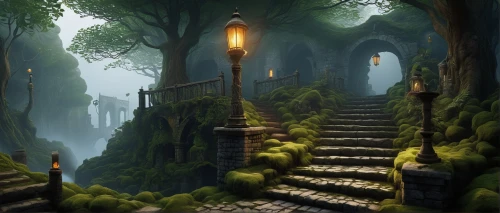 forest path,elven forest,the mystical path,pathway,labyrinthian,wooden path,rivendell,threshhold,fantasy landscape,riftwar,the path,pathways,winding steps,passageway,hollow way,hiking path,cartoon video game background,elfland,hall of the fallen,devilwood,Art,Artistic Painting,Artistic Painting 06