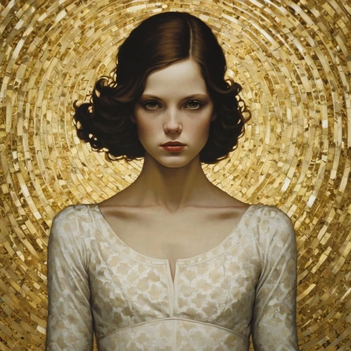 mary-gold,gold leaf,art deco woman,golden crown,golden wreath,girl with bread-and-butter,daisy jazz isobel ridley,gold foil art,yellow-gold,woman of straw,portrait of a girl,mystical portrait of a girl,marguerite,gold ribbon,mucha,transistor,gold lacquer,gilding,gold spangle,vesper,Illustration,Realistic Fantasy,Realistic Fantasy 09