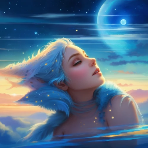 mermaid background,cielo,fantasy portrait,dreamtime,moon and star background,fantasy picture,lumi,dreamscapes,amphitrite,stars and moon,unicorn background,falling star,aurora,fantasia,the sleeping rose,blue moon rose,naiad,sleeping rose,moon and star,ostara,Illustration,Realistic Fantasy,Realistic Fantasy 01