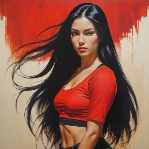 asian woman,mulan,on a red background,vietnamese woman,oil painting on canvas,han thom,asian vision,oriental girl,oil painting,janome chow,red background,young woman,girl portrait,oil on canvas,jasmine crape,portrait of a girl,asian girl,red wall,art painting,selanee henderon,Conceptual Art,Fantasy,Fantasy 04