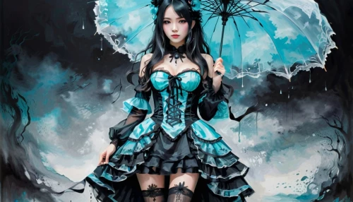 blue enchantress,gothic dress,effluvia,gothic woman,asagi,umbrella,isoline,gothic style,parasol,karou,blue rain,asian umbrella,morwen,gothic,abaddon,fantasy art,blue moon rose,necromancer,umbrellas,dark art,Illustration,Realistic Fantasy,Realistic Fantasy 46