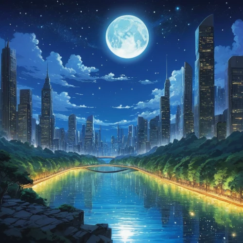 moonlit night,moon and star background,moonlit,clear night,lunar landscape,moonlight,starry sky,dream world,moon night,night scene,moon phase,blue moon,moon at night,moon,full moon,night sky,big moon,lunar,sky city,fantasy city,Illustration,Japanese style,Japanese Style 05