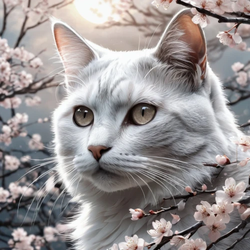 blossom kitten,turkish angora,flower cat,white cat,american curl,siberian cat,blue eyes cat,japanese bobtail,norwegian forest cat,white blossom,cat with blue eyes,spring blossom,turkish van,chinese pastoral cat,cute cat,cherry blossoms,silver tabby,cherry blossom,breed cat,cold cherry blossoms,Conceptual Art,Fantasy,Fantasy 33