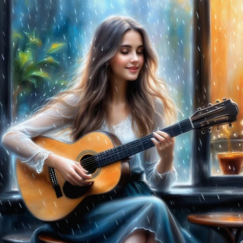 woman playing,guitar,rudderless,acoustic,strumming,playing the guitar,in the rain,serenade,acoustic guitar,naina,bareilles,musician,photo painting,melodious,guitarra,melody,chansonnier,troubadour,digital painting,watercolor background,Illustration,Realistic Fantasy,Realistic Fantasy 01