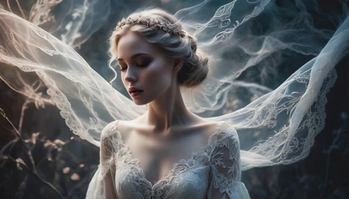 bridal veil,dead bride,the snow queen,white rose snow queen,mystical portrait of a girl,bridal,bride,bridal dress,bridal clothing,fairy queen,faery,blonde in wedding dress,wedding dresses,wedding dress,ice queen,faerie,the enchantress,wedding gown,silver wedding,cinderella,Illustration,Realistic Fantasy,Realistic Fantasy 39