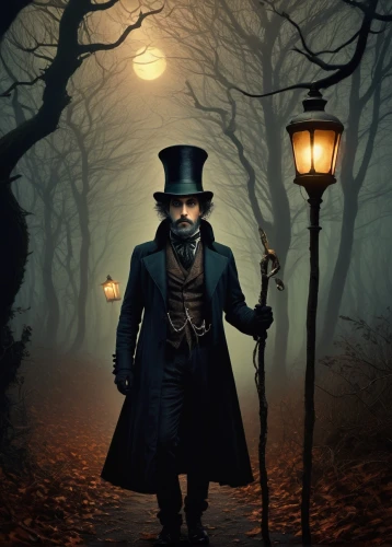 witchfinder,lamplighter,gaslight,lamplighters,gas lamp,dickensian,lamplight,baskerville,bram stoker,highwayman,nightwatchman,halloween background,samhain,baskervilles,gaslights,halloween wallpaper,the magician,street lantern,pilgrim,ichabod,Illustration,Realistic Fantasy,Realistic Fantasy 35