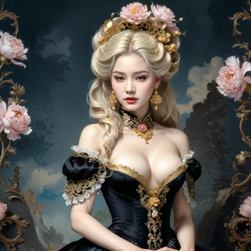 victorian lady,porcelain rose,fantasy portrait,oriental princess,rococo,chinese art,baroque,baroque angel,golden lotus flowers,fairy tale character,fantasy art,oriental painting,noble roses,yulan magnolia,porcelain dolls,wild roses,victorian style,blooming roses,fantasy picture,comely