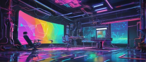 cyberpunk,cyberscene,computer room,neon coffee,neon ghosts,synthetic,cyberworld,digitalism,synth,study room,scifi,vapor,cyberspace,computer art,80's design,neon arrows,playroom,classroom,neon light,bladerunner,Illustration,Vector,Vector 07