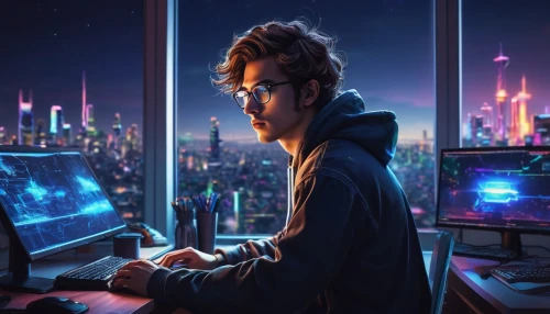 coder,man with a computer,night administrator,cyberpunk,world digital painting,game illustration,cg artwork,computer game,hacker,computer freak,dj,computer,computer addiction,city lights,lan,computer games,cyber,programmer,music background,girl at the computer,Photography,Artistic Photography,Artistic Photography 11