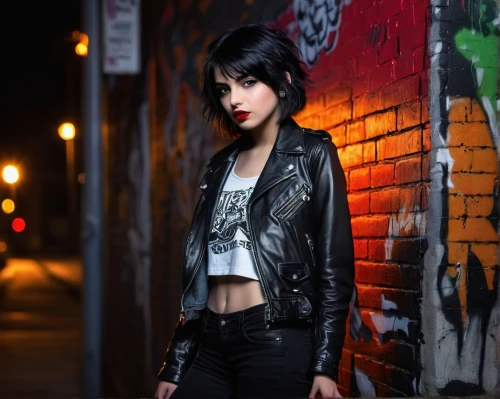 leather jacket,alleyways,black leather,alleyway,pleather,alleys,alley cat,photo session at night,alley,sidestreets,street shot,brick wall background,leatherette,leather,denim background,goth woman,rock chick,deathrock,concrete background,alleycat,Conceptual Art,Oil color,Oil Color 19