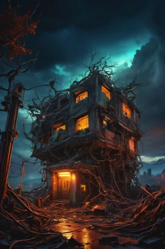 foreclosure,tree house,witch's house,witch house,haunted house,treehouse,the haunted house,foreclosed,nature's wrath,lostplace,home destruction,carcosa,electrohome,uprooted,post-apocalyptic landscape,rhizomatous,world digital painting,treehouses,abandoned house,abandoned place,Art,Classical Oil Painting,Classical Oil Painting 05