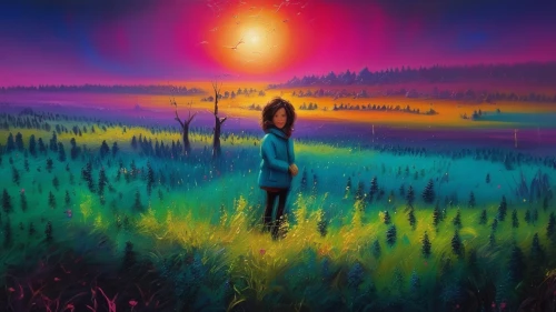 psychedelic art,shamanic,shamanism,purple landscape,indigenous painting,pachamama,northernlight,mystical portrait of a girl,forest of dreams,meadow in pastel,inner light,mother earth,landscape background,art painting,background image,girl in a long,oil painting on canvas,mirror in the meadow,aura,first nation,Conceptual Art,Sci-Fi,Sci-Fi 12