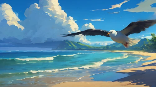 coastal bird,beach scenery,bird island,beach landscape,sea swallow,seagulls,sea birds,seagull,sea bird,birds of the sea,dream beach,tropical sea,bird painting,seagulls birds,mountain beach,world digital painting,bird kingdom,flying island,bird perspective,seabird,Illustration,Japanese style,Japanese Style 05