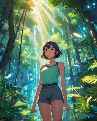 in the forest,ghibli,himawari,emara,fireflies,verdant,summer background,digital illustration,digital painting,beautiful wallpaper,forest,forest walk,rainforest,green wallpaper,rei,kaban,natura,studio ghibli,forest of dreams,mowgli,Illustration,Japanese style,Japanese Style 19