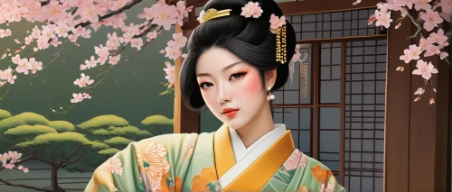 geisha girl,geisha,japanese woman,plum blossoms,mukimono,japanese sakura background,motsunabe,japanese floral background,japanese culture,oriental princess,oriental girl,plum blossom,japanese style,japanese cherry,japanese art,japanese background,japanese-style,the cherry blossoms,honzen-ryōri,shinto,Illustration,Realistic Fantasy,Realistic Fantasy 22