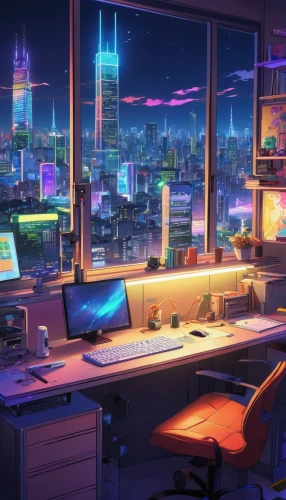 cybertown,cybercity,cyberpunk,modern office,desk,working space,blur office background,cyberscene,computer room,workspace,cyberworld,windows wallpaper,computer workstation,office desk,study room,desktops,workstations,workspaces,cyberport,cybercafes,Illustration,Japanese style,Japanese Style 03