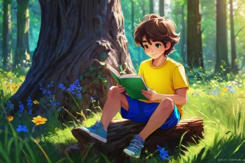 girl studying,little girl reading,child with a book,forest background,spring background,reading,chara,in the forest,springtime background,girl with tree,pines,relaxing reading,forest clover,kids illustration,studio ghibli,child in park,girl and boy outdoor,forest,children's background,daffodil field,Conceptual Art,Fantasy,Fantasy 14