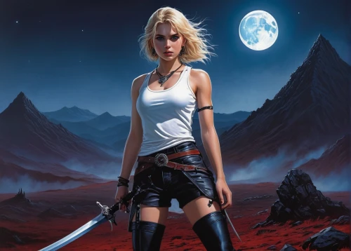 callisto,sci fiction illustration,heroic fantasy,blood moon,swordswoman,rosa ' amber cover,scythe,red planet,fantasy art,fantasy picture,female warrior,quarterstaff,action-adventure game,huntress,sci fi,mystery book cover,science fiction,girl with gun,beautiful girls with katana,sagittarius,Conceptual Art,Sci-Fi,Sci-Fi 21