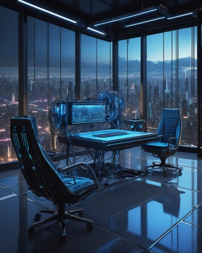 modern office,computer room,boardroom,oscorp,cyberscene,cybercity,cybertown,office chair,the server room,offices,desk,conference room,megacorporation,blue room,lexcorp,computer workstation,night administrator,underwood,blur office background,cyberpunk,Illustration,Realistic Fantasy,Realistic Fantasy 17