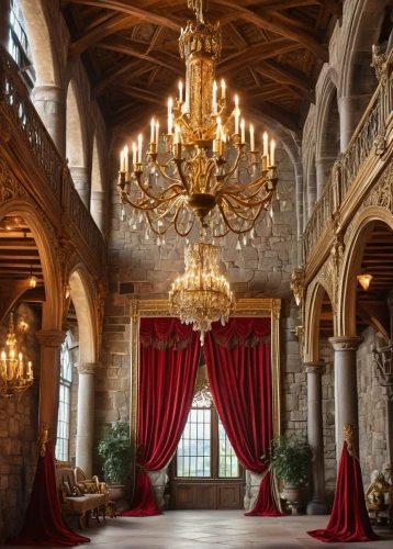 hotel de cluny,fairy tale castle sigmaringen,ornate room,royal interior,ballroom,four poster,fairy tale castle,fairytale castle,alcazar,medieval architecture,alcazar of seville,gold castle,elizabethan manor house,royal castle of amboise,interior decor,chandelier,bach knights castle,the crown,four-poster,the throne,Illustration,Paper based,Paper Based 09