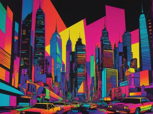 colorful city,neon arrows,cybercity,futurist,megacities,cityscape,metropolis,cityscapes,cities,urbanworld,cmyk,city cities,cool pop art,megapolis,neons,city highway,city lights,neon colors,nielly,fantasy city,Illustration,Black and White,Black and White 29