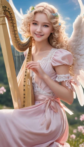 angel playing the harp,harp player,celtic harp,harp with flowers,harpist,harp,harp strings,ancient harp,harp of falcon eastern,music fantasy,lyre,celtic woman,clavichord,panpipe,pianist,pan flute,flautist,melodica,piano,angel girl,Illustration,Japanese style,Japanese Style 19