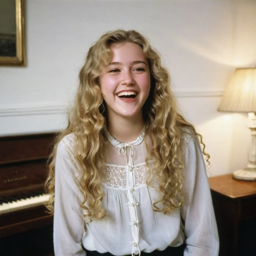 a girl's smile,portrait of a girl,old elisabeth,piano,soprano,madonna,girl in a historic way,british actress,young woman,meryl streep,young lady,1986,rosie,blonde woman,young beauty,pretty young woman,pianist,vintage angel,a charming woman,killer smile,Art,Classical Oil Painting,Classical Oil Painting 15