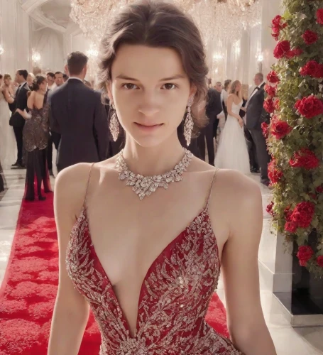 red gown,in red dress,vanity fair,elegant,daisy jazz isobel ridley,red dress,christmas ball,girl in red dress,elegance,man in red dress,premiere,lady in red,ball gown,gown,red bow,pearl necklace,strapless dress,cocktail dress,christmas woman,bridesmaid,Photography,Realistic