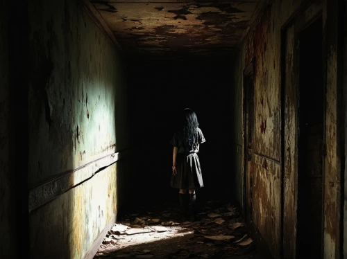 creepy doorway,penumbra,corridors,abandoned room,hallway,in the shadows,girl walking away,asylum,corridor,condemned,sanitorium,dbd,outlast,passage,isolda,sanitarium,basement,urbex,hollow way,passageway,Illustration,Realistic Fantasy,Realistic Fantasy 22