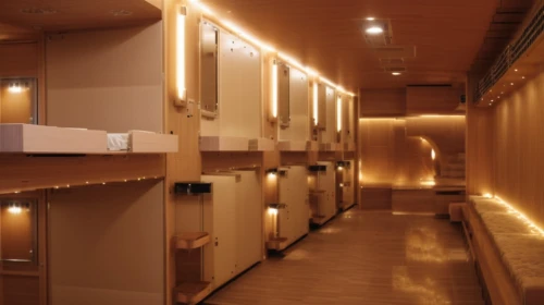 capsule hotel,luxury bathroom,train car,hallway space,under-cabinet lighting,luxury hotel,railway carriage,hotel hall,aircraft cabin,rail car,train compartment,galley,luggage compartments,boutique hotel,hallway,dormitory,stalls,walk-in closet,washroom,compartments,Photography,General,Realistic