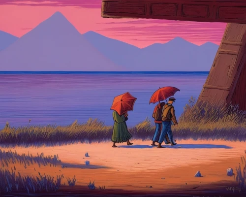 scummvm,simione,ermione,guybrush,romantic scene,explorers,dusk background,river pines,pines,honeymoon,adventurists,stroll,background image,adventurers,summer evening,wanderers,clementine,little boy and girl,redheads,background screen,Illustration,American Style,American Style 12