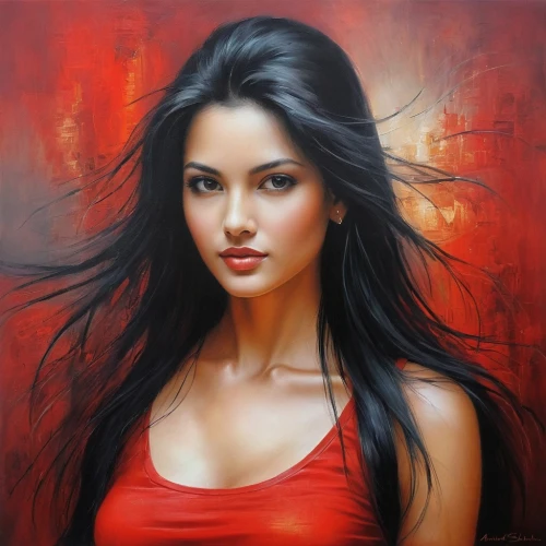 oil painting on canvas,romantic portrait,oil painting,young woman,art painting,mystical portrait of a girl,girl portrait,asian woman,vietnamese woman,indian woman,portrait of a girl,italian painter,woman portrait,man in red dress,woman face,shama,indian art,lady in red,indian girl,fineart,Conceptual Art,Daily,Daily 32