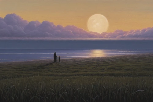 evening atmosphere,beach landscape,moonrise,coastal landscape,sea landscape,landscape with sea,dune landscape,seascape,the horizon,studio ghibli,man at the sea,an island far away landscape,moonlit night,the shallow sea,moonscape,han thom,dune sea,twilight,daybreak,the endless sea,Art,Artistic Painting,Artistic Painting 48